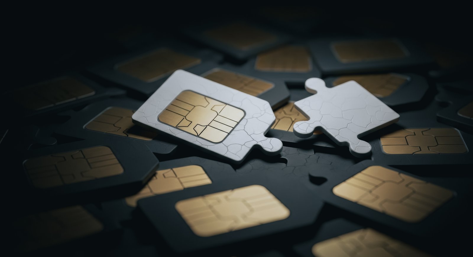 SIM cards, one shaped like an interlocking puzzle piece, representing seamless network connectivity