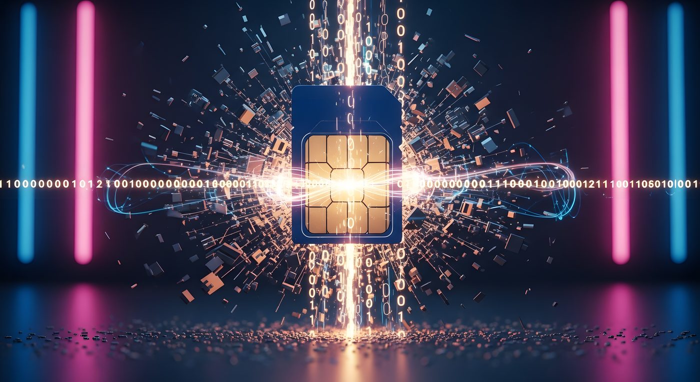 SIM card with data streams and binary code, representing global connectivity